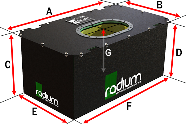 Radium RA-Series Rectangular Fuel Cell Measuring Diagram Dimensions A to G