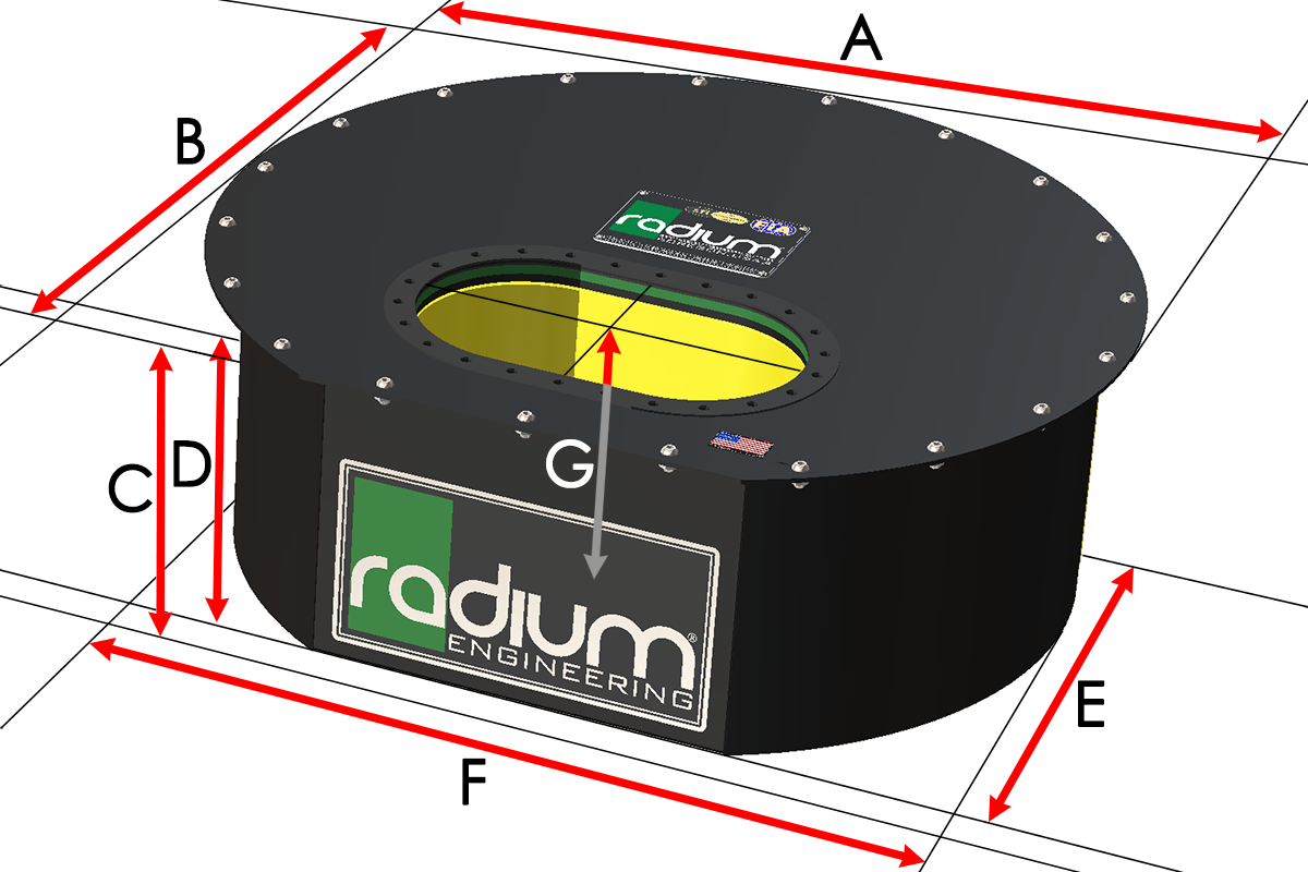 Radium RA-Series Spare Tire Well Fuel Cell Measuring Diagram Dimensions A to G